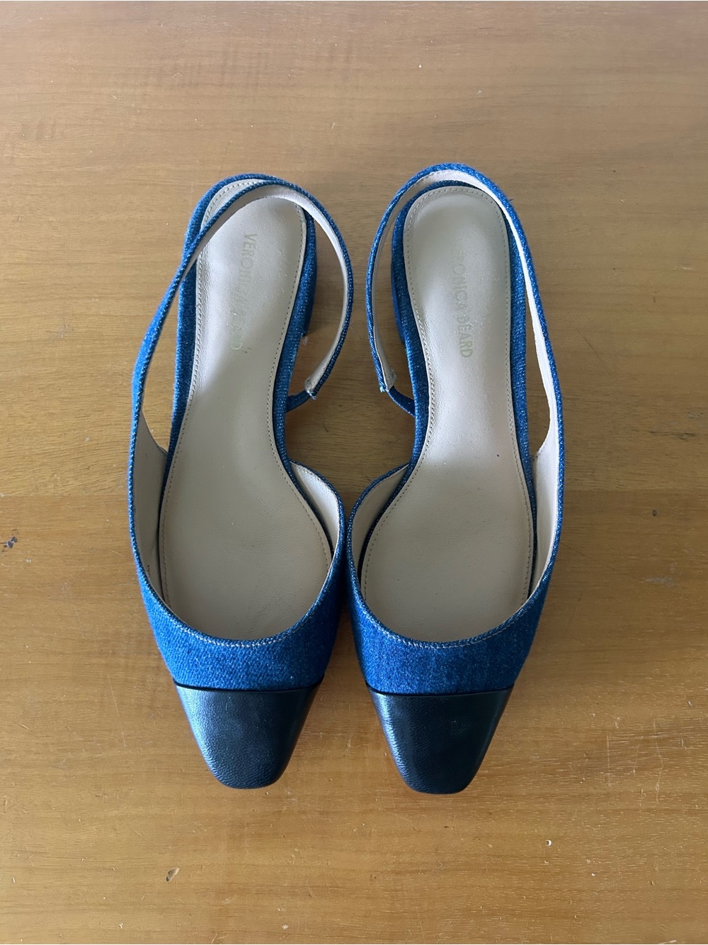 Veronica Beard Cecile Denim Cap-Toe Slingback Blue Black Flat Designer Sz 6.5